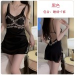 Guiruo Solid Satin Contrast Jacquard Lace and Chest Cushion Sexy Backless Nightgown Outrobe Home Suit Set 1187