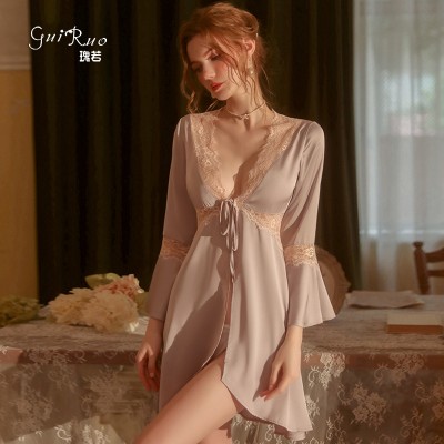 Guiruo Spring/Summer New Solid Color Pajamas Sweet Lace Cardigan Lace up Outer Robe Bathrobe Women's Homewear Set 1713