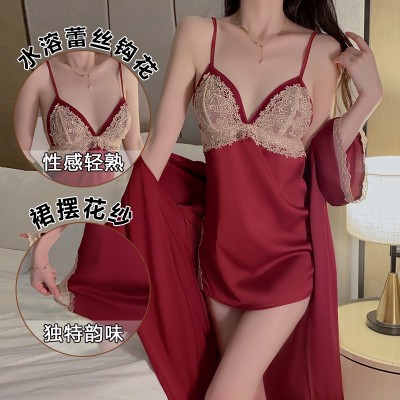 Guiruo Solid Satin Contrast Lace Perspective Sexy Deep V Open Back Suspended Sleeping Dress Outer Robe Home Suit Set 891