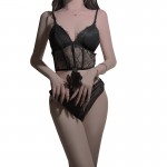 Ruo Ruo Sexy Backless Perspective Lace Deep V Temptation with Chest Cushion Bra Style Top and Shorts Pure Desire Three Point Set