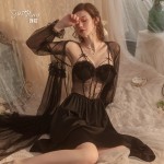 Guiruo Brand Sexy Deep V Hollow Steel Ring Pajamas with Chest Pads Long Sleeping Skirt Outer Robe Home Suit Set 2130