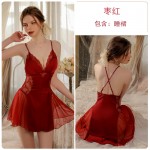 Guiruo Sexy Satin Patchwork with Transparent Lace Chest Pads Cross Back Seduction Sleeping Skirt Outer Robe Home Set 3337