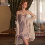 Guiruo Sexy Satin Deep V Open Back Small Chest Suspended Sleeping Dress Simple Mesh Outer Robe Women's Home Furnishing Set 2369