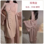 Guiruo Satin Slim Fit Perspective Mesh with Chest Pads Lace Deep V Temptation Sleeping Skirt Outer Robe Home Suit Set 3379