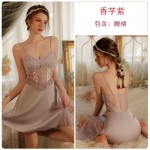 Guiruo Sexy Mesh Splice and Chest Pad Solid Satin Perspective Seduction Home Sleeping Dress Outrobe Set P3148