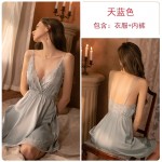 Guiruo Sexy Pajamas Large Lace Deep V Casual Comfortable Satin Suspended Pajama Dress Outer Robe Women's Home Furnishing Set