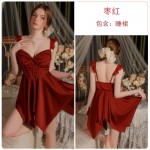 Ruo Ruo Sweet Girl Deep V with Chest Cushion Sexy Open Back Waist Satin Suspended Sleeping Dress Home Suit Set J3434