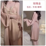 Guiruo Sexy Deep V Sweet Lace Satin Face with Breast Pads Pure Desire Split Sleeping Dress Outer Robe Home Furnishing Set 2726