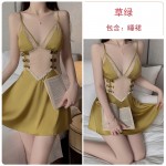 Guiruo Sexy Backless Temptation Ice Silk Pajamas with Chest Pads Gathered Strap Sleeping Skirt Outer Robe Home Suit Set 1667