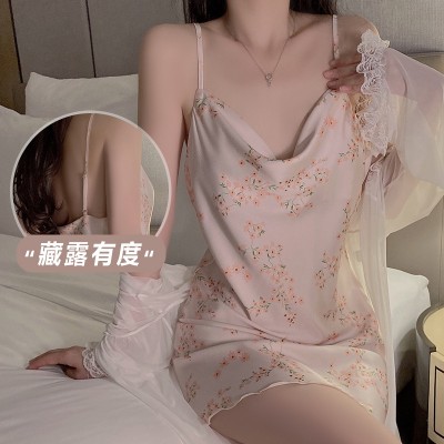 Guiruo Pure Desire Fragmented Flowers, Ice Silk, Pleated Collar, Showing Chest, Light Luxury Sleeping Dress, Mesh Outer Robe, Women's Home Set 3801