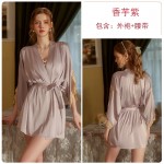 Guiruo Sexy Strap Temptation Pajamas Sweet Bow Deep V Suspended Pajama Dress Outer Robe Home Suit Set 2065