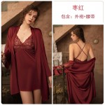 Guiruo Sexy Deep V Satin Patch Lace Perspective Open Back Suspended Sleeping Dress Lace up Outer Robe Home Suit Set 780