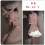 Ruo Ruo Clear Mesh Standing Collar Plate Buckle Middle Sleeve Cheongsam Uniform Pure Desire Split Sweet Temptation Fun Set 3567