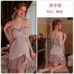 Guiruo Spring/Summer Sexy Chest Cushion Gathers Ice Silk Comfortable Sling Sleeping Dress Women's Lace up Outer Robe Home Suit Set 2419