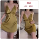 Rose like Spring and Summer Sexy Backless Temptation Ice Silk Solid Color Hanging Pajamas Lace up Outer Robe Women's Home Fur Set 3210