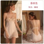 Guiruo brand sexy satin allure deep V steel ring gathering solid color suspender nightgown women's home clothing set 2134