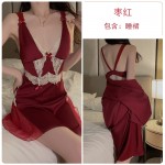 Guiruo Sexy Backless Temptation Pajamas with Ice Silk and Chest Pads Sweet Sling Sleeping Dress Outer Robe Home Suit Set 3171