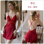 Ruo Ruo Satin Lace Perspective and Chest Cushion Deep V Pure Desire Hollow out Temptation Sleeping Dress Outer Robe Home Suit Set 3660