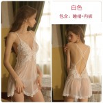 Guiruo Brand's New Summer Mesh Perspective Temptation Backless Pajamas Embroidered Hanging Dress Home Suit Set 1899