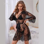 Guiruo Fun Lingerie Hot Perspective Mesh Deep V European and American Foreign Trade Lacing Comfortable Outer Robe Uniform Set 6060