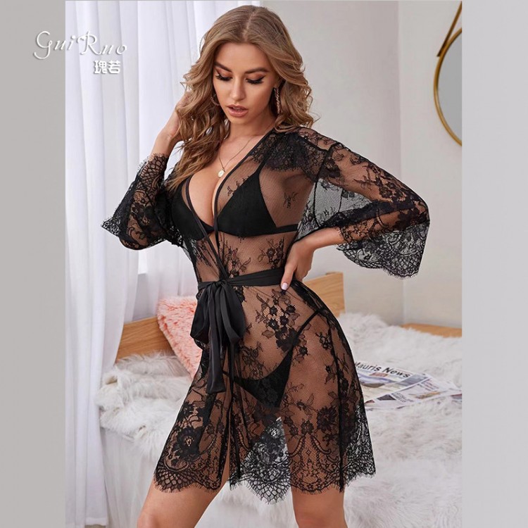 Guiruo Fun Lingerie Hot Perspective Mesh Deep V European and American Foreign Trade Lacing Comfortable Outer Robe Uniform Set 6060