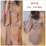 Ruo Ruo Sexy Transparent Yarn Sweet Flying Sleeves and Chest Cushion Deep V Hollow out Temptation Women's Satin Nightgown Outer Robe Set 3226