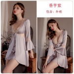 Guiruo Sexy Satin Seduction Lace Splice Deep V Steel Ring Sleeping Dress Casual Outrobe Women's Home Furnishing Set 1701