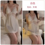 Guiruo Small Chest Pajamas with Ice Silk and Chest Pads Gathered Lace Perspective Sling Sleeping Dress Outer Robe Home Suit Set 3660