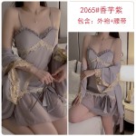 Guiruo Summer Ice Silk Pajamas Comfortable Perspective Sweet Mesh and Chest Cushion Suspender Sleeping Dress Outer Robe Women's Set 2419