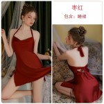 Guiruo Sexy Hanging Neck Lace Up Stacked Collar Open Back Seduction Split Cute Bow Sleeping Dress Outer Robe Set 3429