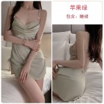 Guiruo Solid Satin Sexy High Split Stacked Collar Open Back Suspended Sleeping Dress Open Front Outer Robe Home Set 2063