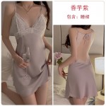 Guiruo Sexy Backless Lace up Pajamas with Chest Pads Gathered Lace Suspended Pajama Dresses Women's Home Furnishing Set 2621