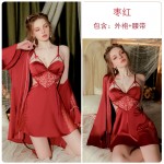 Guiruo Sexy Plus Chest Cushion Gather Pajamas Ice Silk Comfortable Sling Pajama Dress Outer Robe Women's Home Furnishing Set 2978