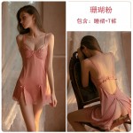 Guiruo Private Solid Color Pajamas Women's Split Steel Ring Sexy Backless Passionate Suspended Sleepwear Home Suit 1188