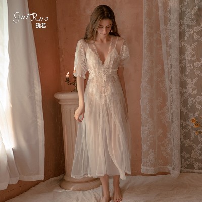 Qiruo Brand Autumn and Winter New Mesh Palace Style Long Pajamas Perspective Temptation Sleeping Skirt Outer Robe Home Furnishing Set