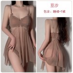 Guiruo Sexy Mesh Splice Lace Hollow Open Back Hot Perspective Temptation Women's Strap Fun Sleeping Dress 3298