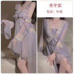 Rose like Sweet Mesh Perspective Attraction Pure Desire Sling Sleeping Dress Outer Robe Women's Two Piece Home Suit Set P2086