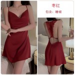 Guiruosi Smooth Satin Face Simple Slim Fit Stacked Collar Open Back Temptation Sling Sleeping Dress Outer Robe Home Suit Set 1571