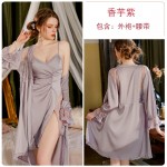 Guiruo Sexy Deep V Perspective Lace High Split Waist Slim Chest Cushion Sleeping Dress Outer Robe Home Suit Set 3156