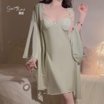 Guiruo Satin Sweet Lace and Chest Cushion Sexy Flying Sleeves Sleeping Dress Simple Outer Robe Women's Home Set J3336