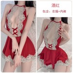 Guiruo Fun Underwear Sexy Lace Perspective Attractive Dew Breast Hanging Neck Pajamas Back Hollow out Pajama Dress Set 370