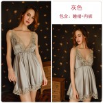 Guiruo Brand Sexy Lace Perspective Temptation Deep V Solid Color Suspended Sleeping Dress Lace up Outer Robe Women's Home Furnishing Set