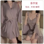 Guiruo Sexy V-neck Low cut gathered and padded with Sweet Lace Perspective Temptation Sleeping Dress Outer Robe Home Suit J3123