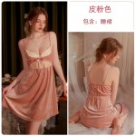 Guiruo Sexy Velvet Pajamas Lace up Outer Robe Solid Color Hanging Pajama Dress Comfortable Women's Homewear Set P2969