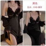 Guiruo Satin Perspective Lace Deep V Temptation Strap Temptation Plus Chest Cushion Sleeping Dress Outer Robe Home Suit Set J2970