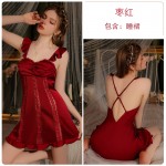 Guiruo Sexy Backless Temptation Ice Silk Splice Lace and Chest Cushion Suspender Sleeping Dress Outer Robe Home Suit Set 3309