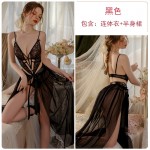 Guiruo Fun Lingerie Sexy V-neck Sexy Lace Bodysuit Solid Color Perspective Mesh Half Skirt Set 19691