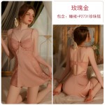 Guiruo Sexy Deep V Satin Patch Lace Backless Seduction with Chest Cushion, Sleeping Dress, Outer Robe, Home Suit Set C3461