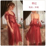 Qiruo Brand Autumn and Winter New Mesh Palace Style Long Pajamas Perspective Temptation Sleeping Skirt Outer Robe Home Furnishing Set