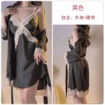 Guiruo Summer Ice Deep V Cross Lace with Chest Cushion Hanging Strap Sleeping Dress Lazy Outer Robe Home Suit Set 3789